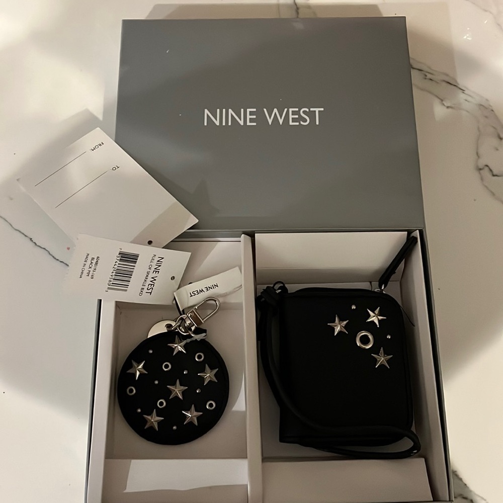 Nine West Mini Wallet Wristlet & Compact in Matte Black Leather with Stars Studs